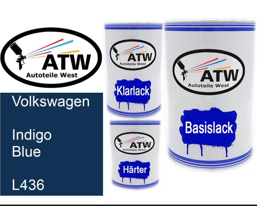 Volkswagen, Indigo Blue, L436: 500ml Lackdose + 500ml Klarlack + 250ml Härter - Set, von ATW Autoteile West.